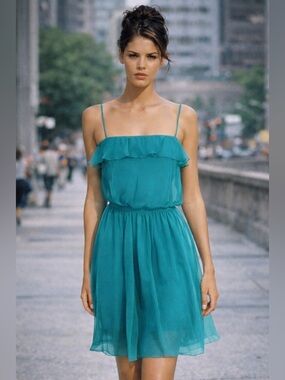 Cache Teal Ruffle-Trim Sheer Spaghetti Strap Mini Dress Size 4 90s fairy